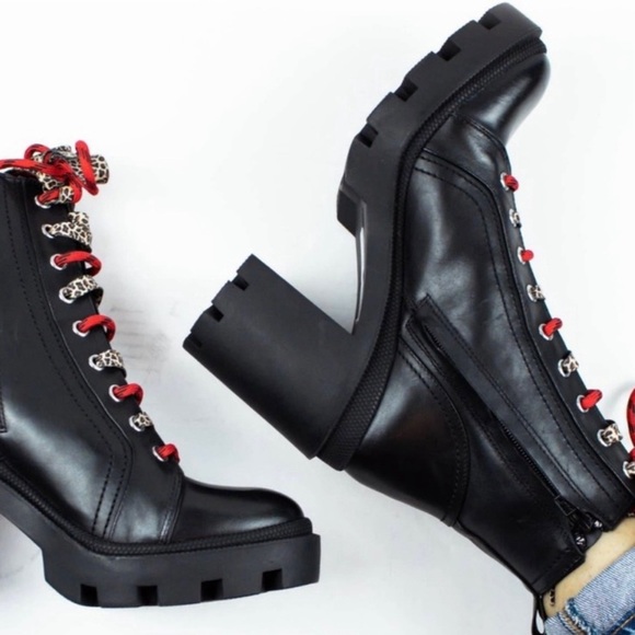 NEW Gianni Bini Ryedderr Leopard Block Heel Combat Boots BlackRed LaceUp 10 - Picture 14 of 16